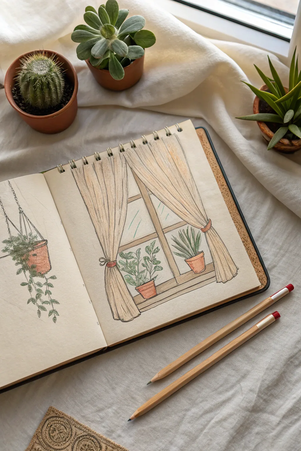 Cozy window view sketch in warm tones, flat lay with pencils and plants for easy coloring ideas.
