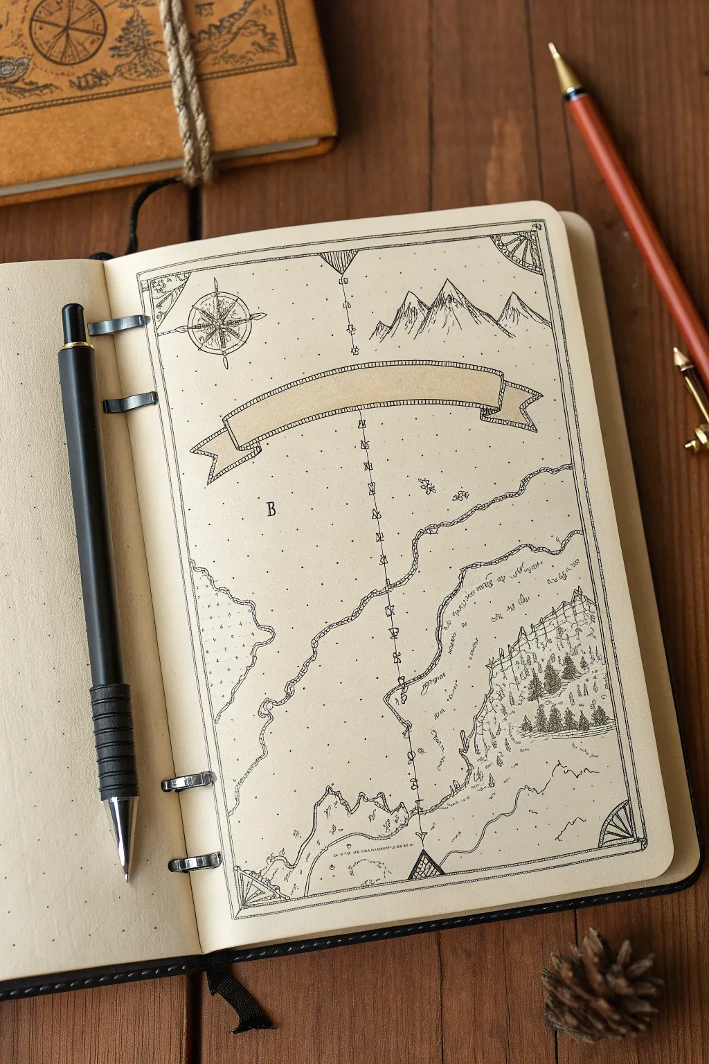 A ribbon banner map title with curved label paths that flow neatly along coasts and mountain lines