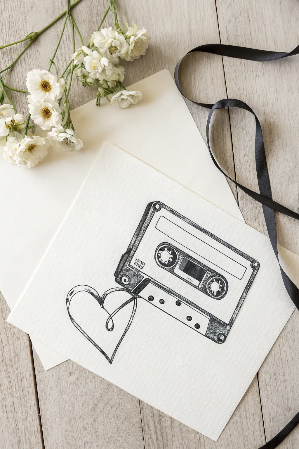Channel retro vibes with this minimal cassette tape sketch featuring a heart detail.
