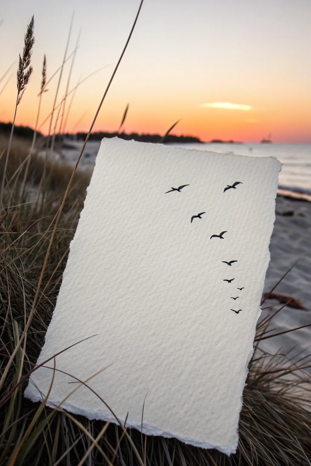 Minimal sunset gradient with flying bird silhouettes, a calming Scandinavian boho drawing idea