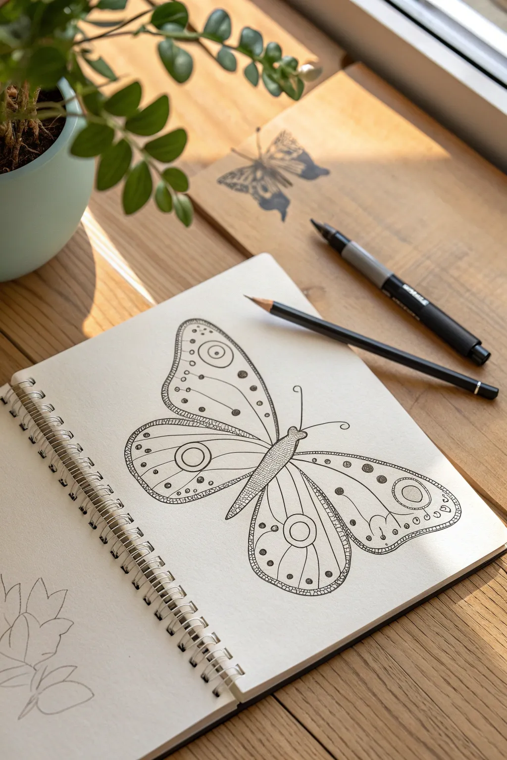 Easy butterfly symmetry doodle with simple dots and curves, perfect for beginner drawing ideas.