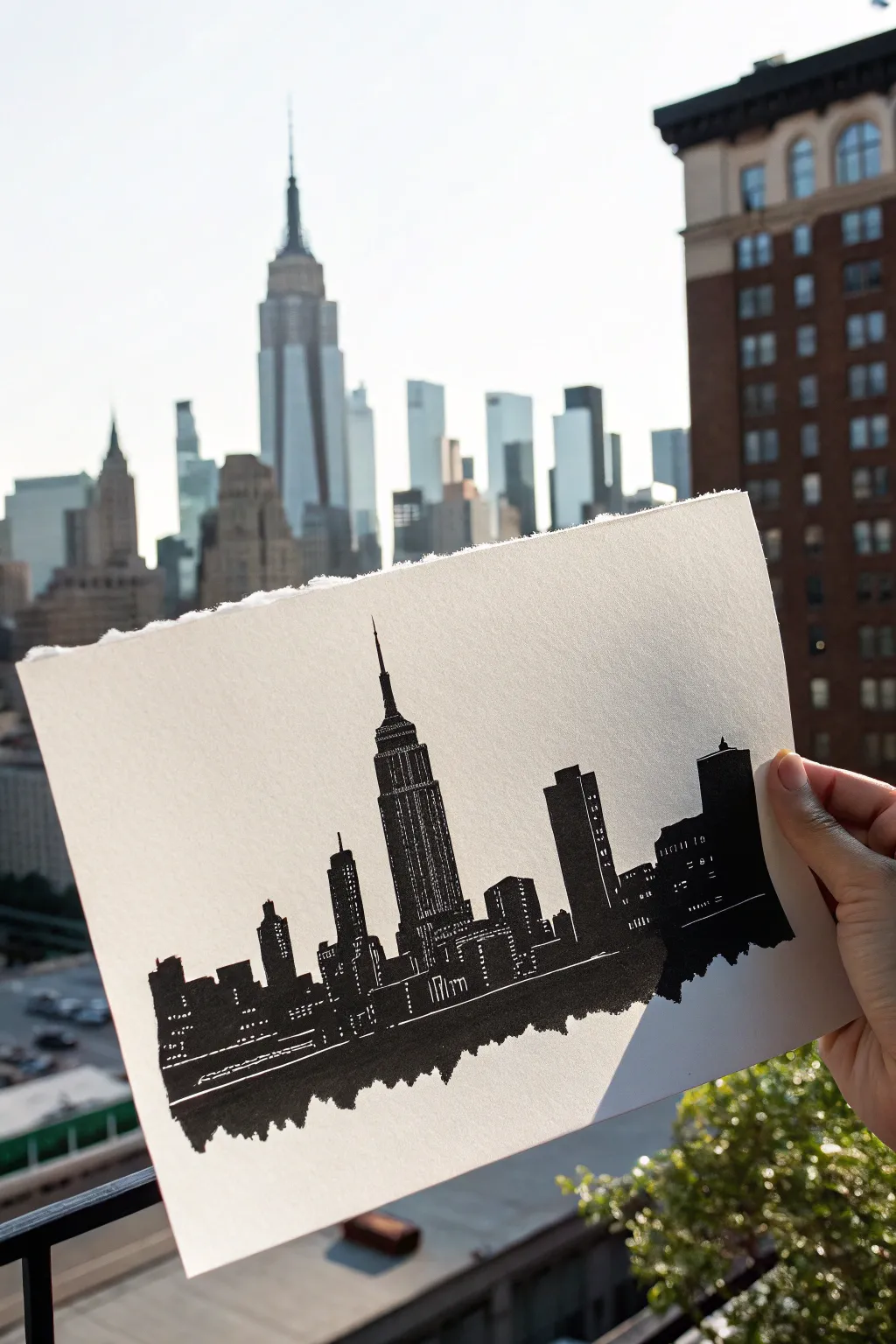 Bold ink skyline silhouette on clean white paper, crisp edges and minimal Scandinavian calm