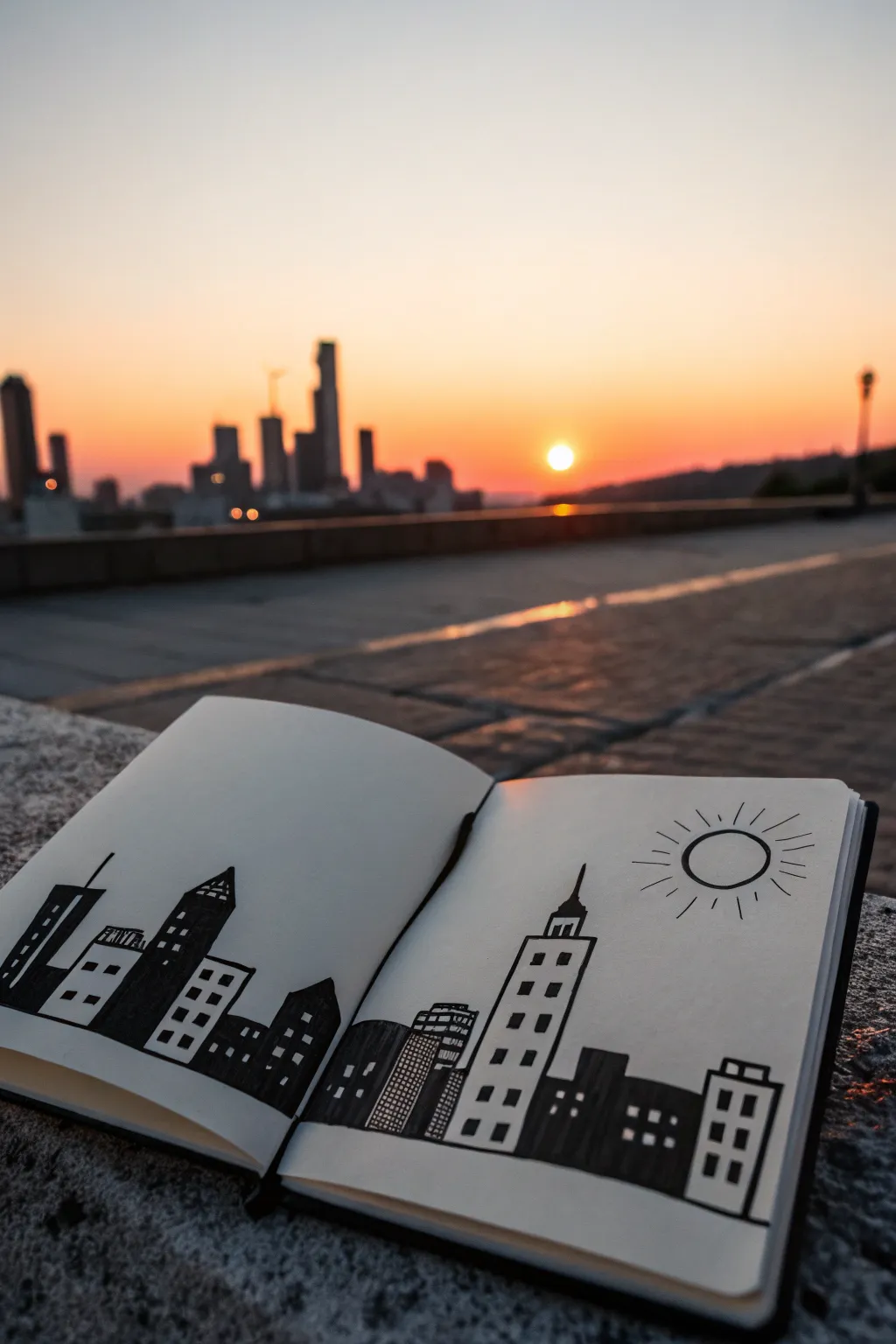 Simple skyline silhouette at sunset, perfect for 12-year-olds to draw with bold contrast.