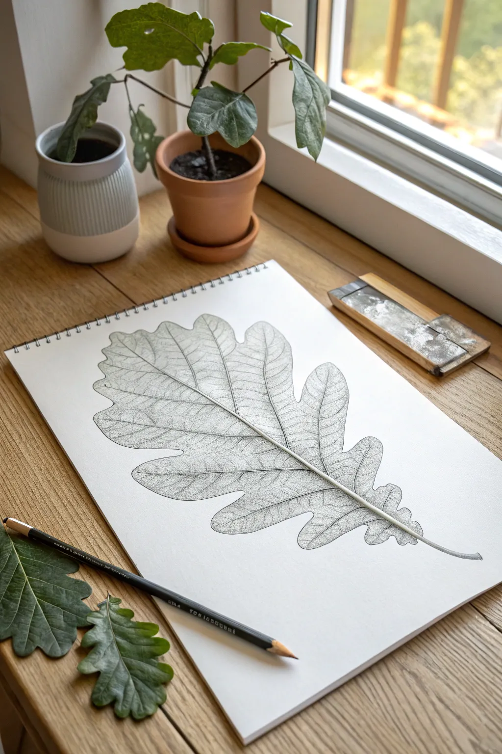 Botanical leaf study with delicate veins and shading, minimal Scandinavian desk styling