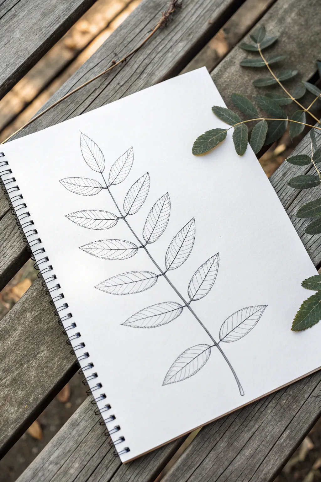 Sketch a leaf branch step by step with a light, minimalist botanical look and clean contrast.