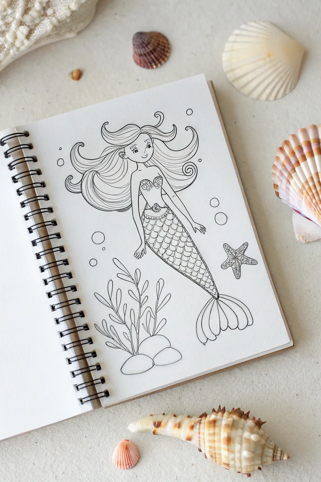 Mermaid character design with flowing hair, patterned tail, and mini swatches for inspiration