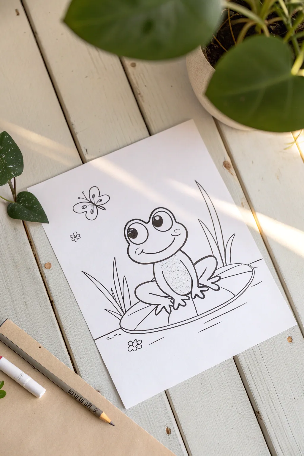Easy frog on a lily pad: wide eyes, simple curves, and gentle ripples kids can draw.