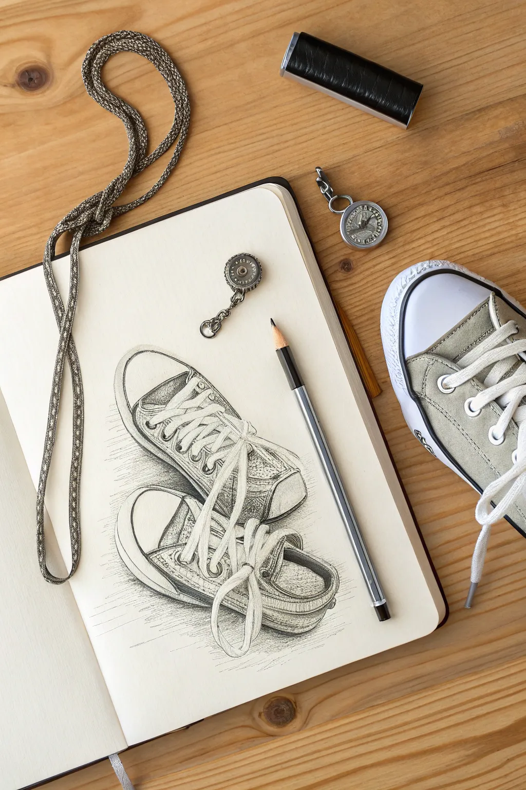 Capture the nostalgia of gym class with this detailed sneaker and whistle sketch.