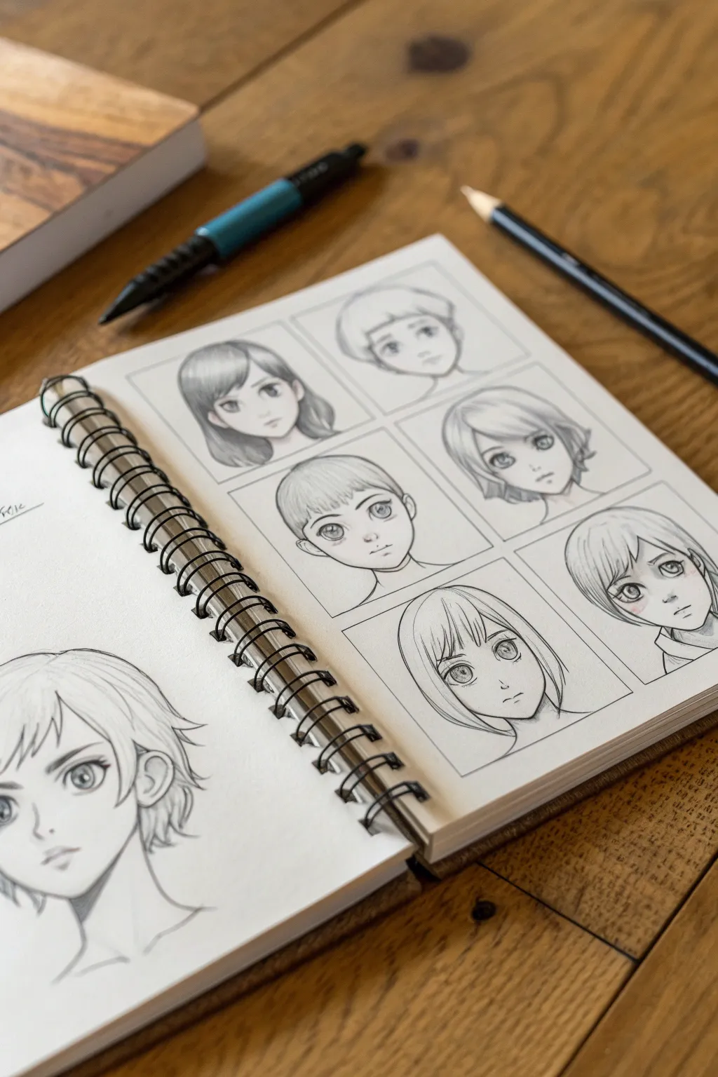 Neat manga face practice sheet with big eyes, varied angles, and clean high-contrast linework