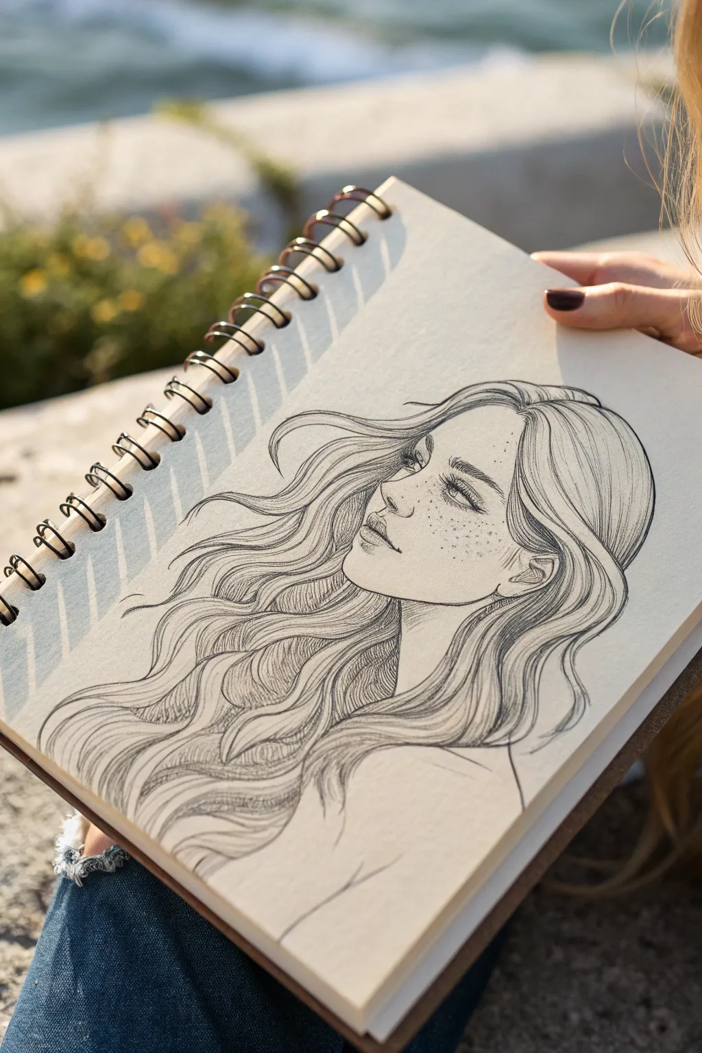 Minimalist girl portrait with wavy S-curve hair and soft highlights on warm natural paper