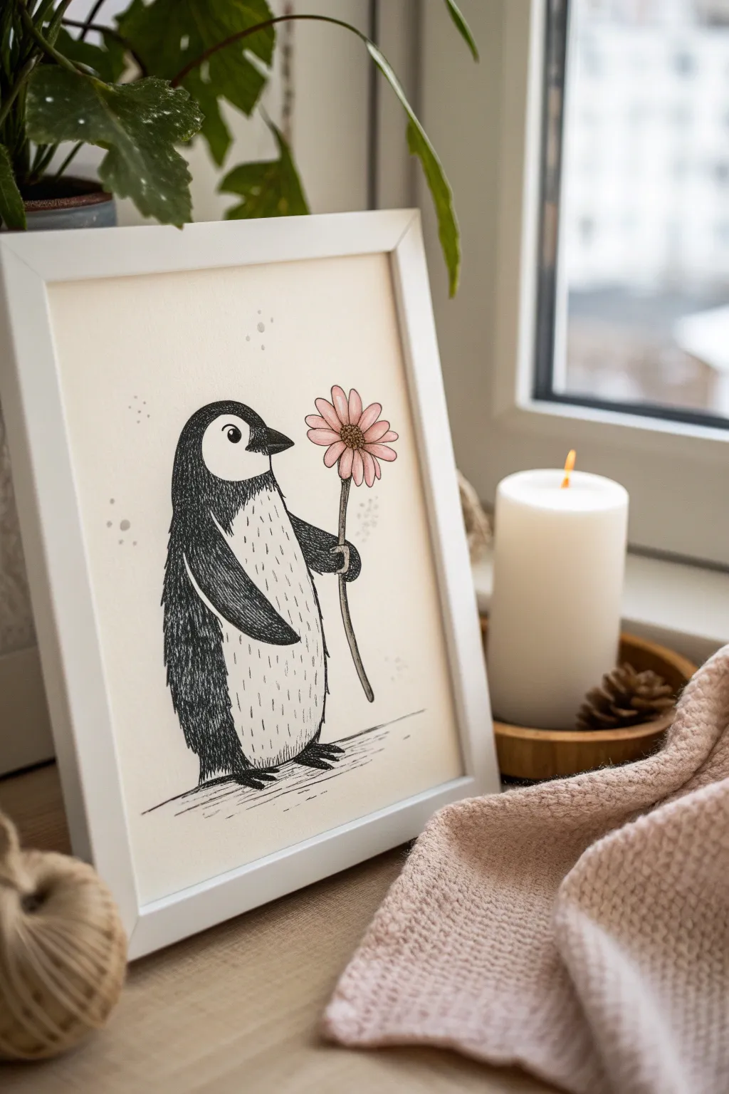 Sweet minimalist penguin offering a blush flower, a cozy Scandinavian boho drawing idea