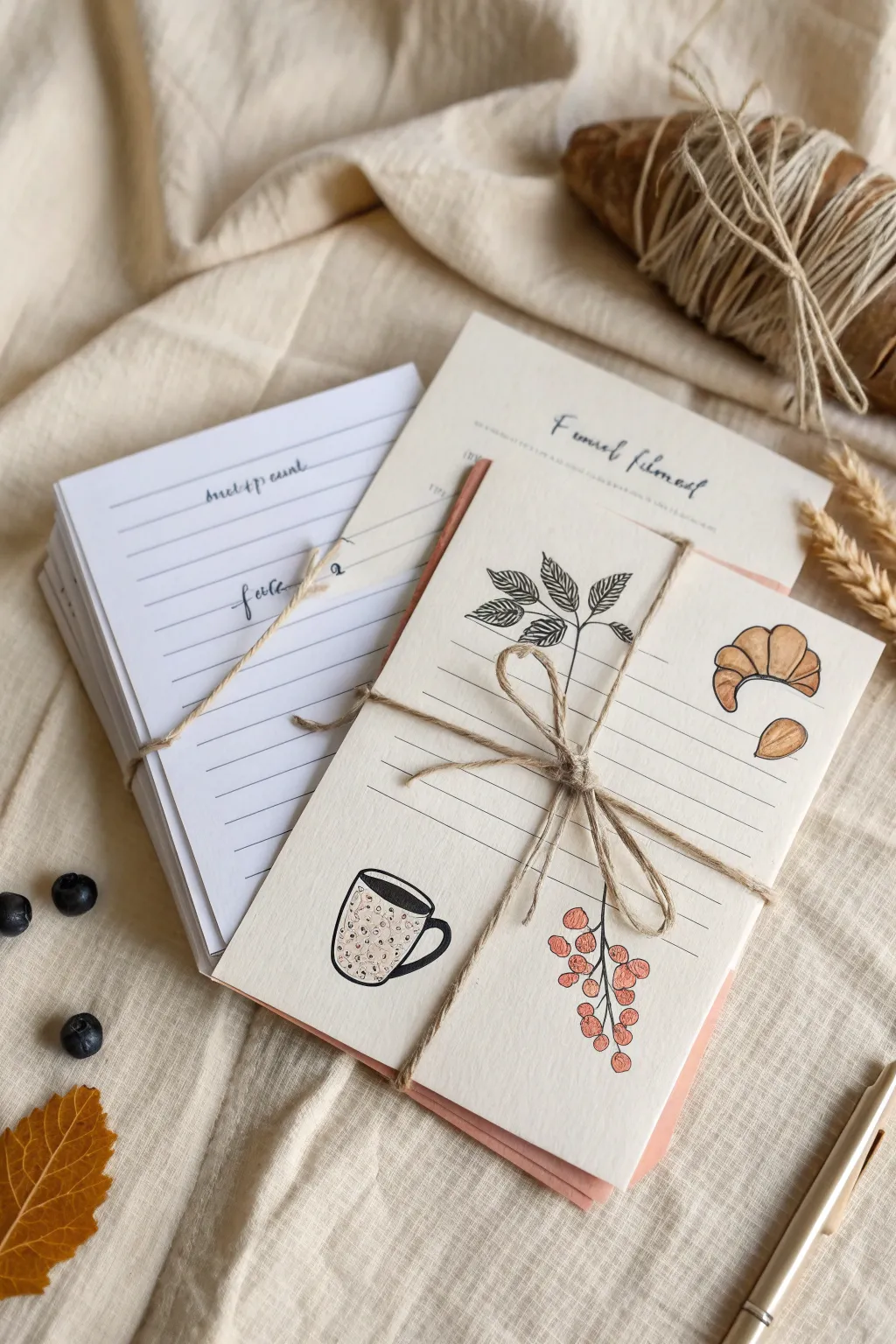Cozy minimalist recipe cards with simple food line art, a sweet handmade stationery vibe.