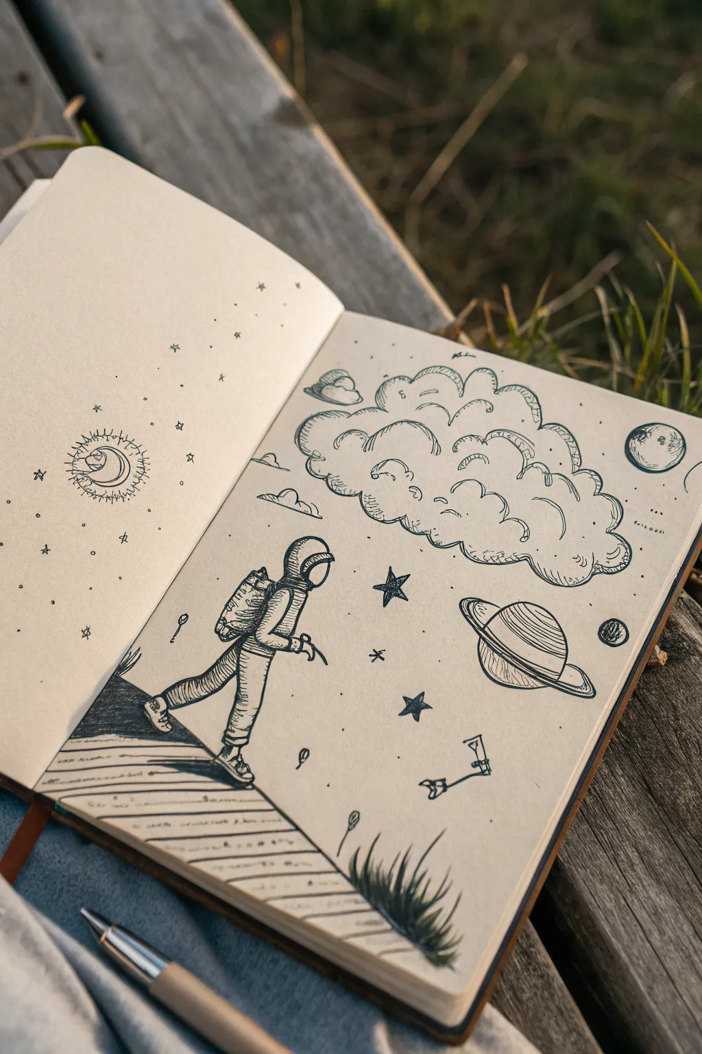 Sketch a tiny astronaut stepping from bed into a dream thought cloud filled with planets and symbols
