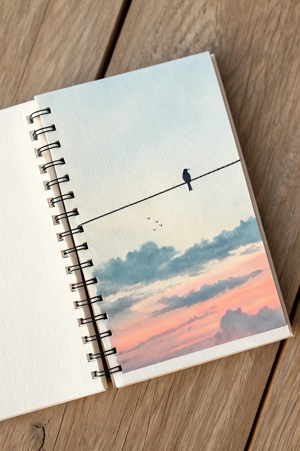 Simple bird-on-wire line art with a soft watercolor sky wash for calm Scandinavian-boho vibes.