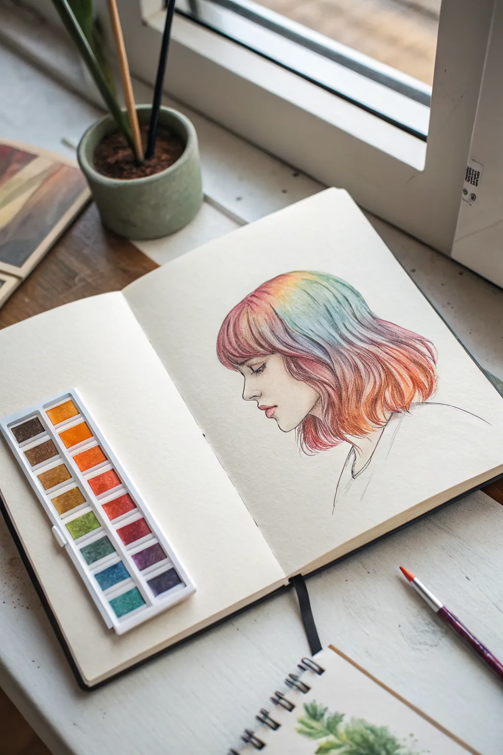 Dreamy ombre marker hair study with smooth gradients and tiny swatches for color planning