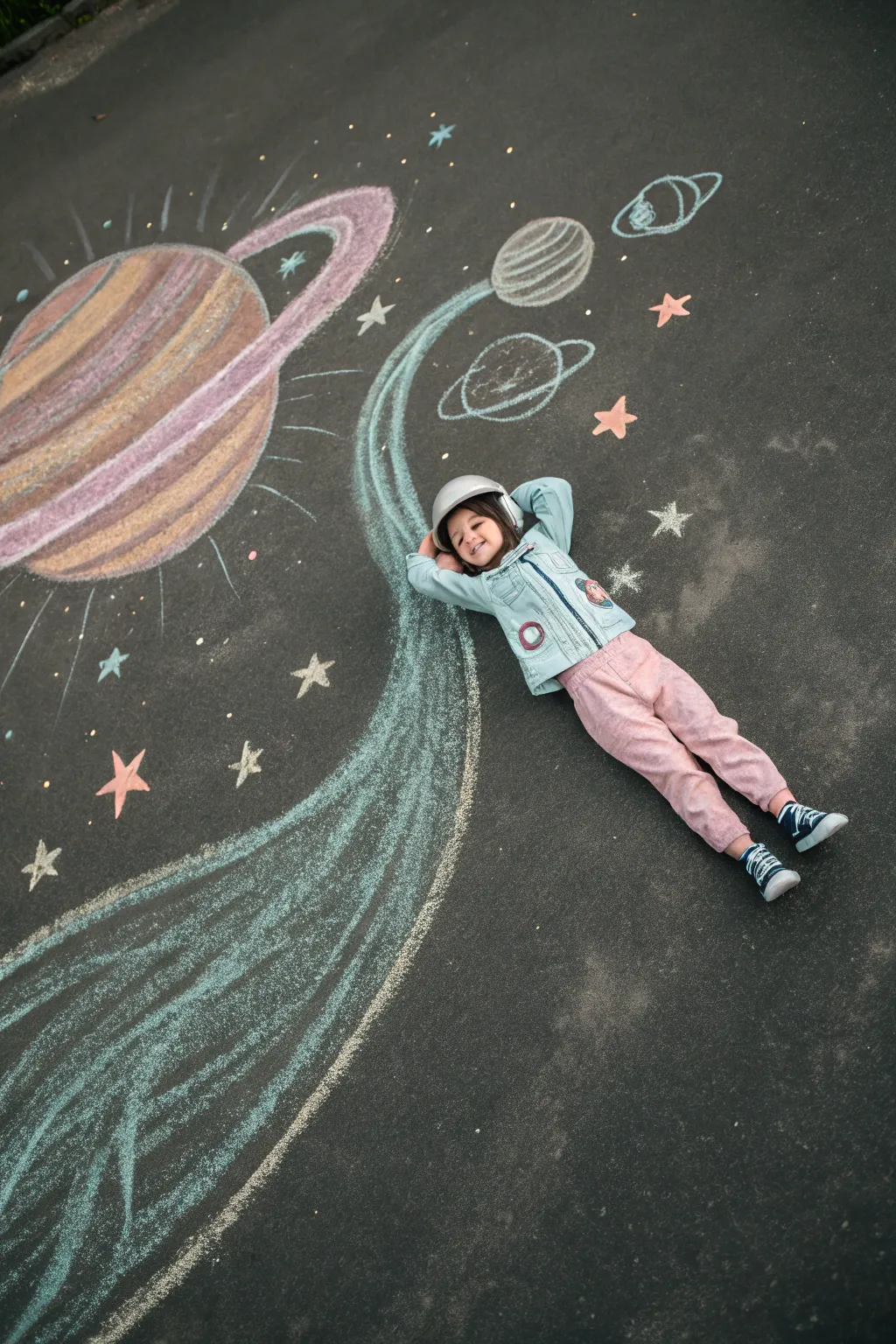 Chalk driveway art: kid astronaut floating by a ringed planet with pastel star trails