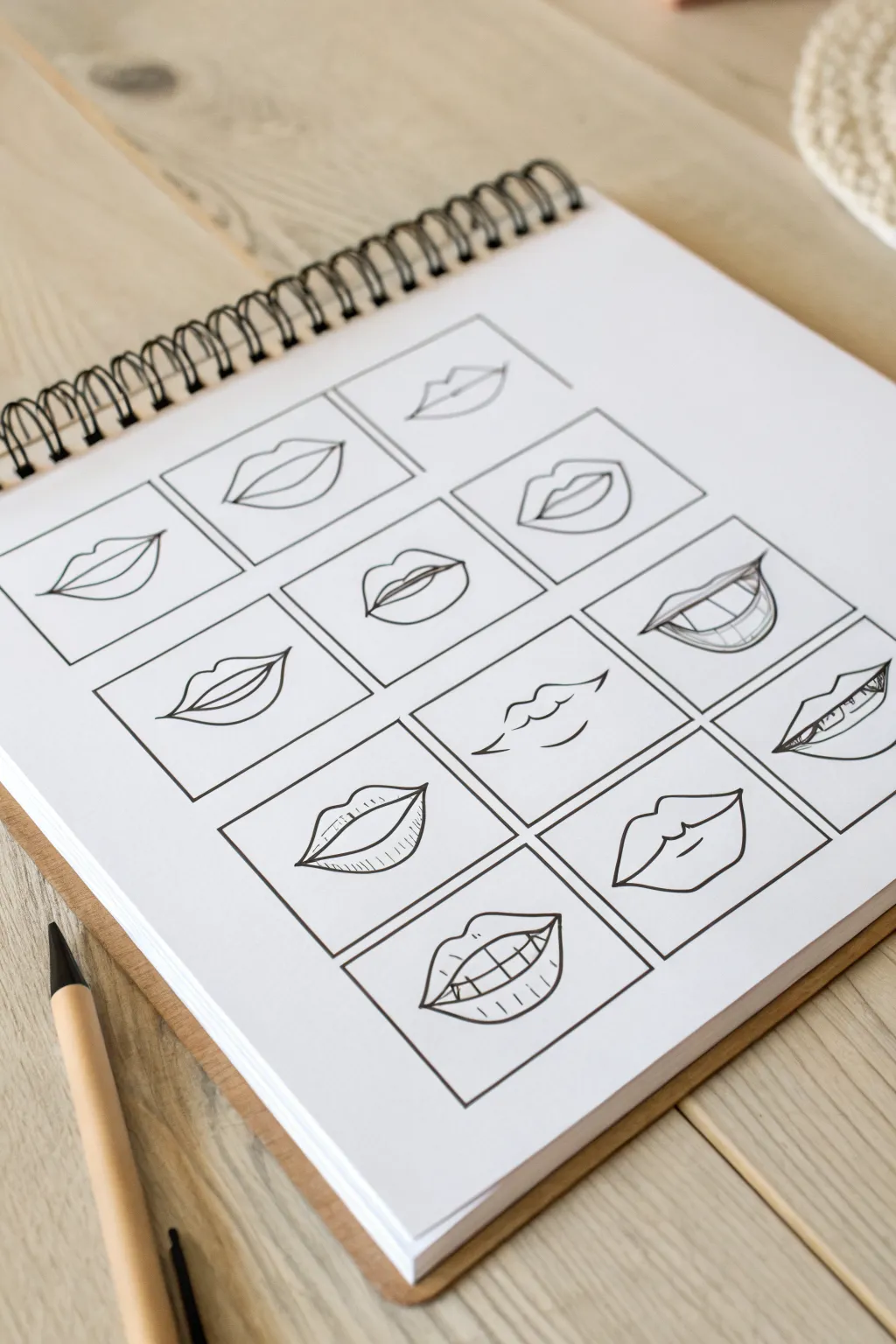 Minimal lips tracing set: four expressive mouth outlines in clean black line art, ready to copy.