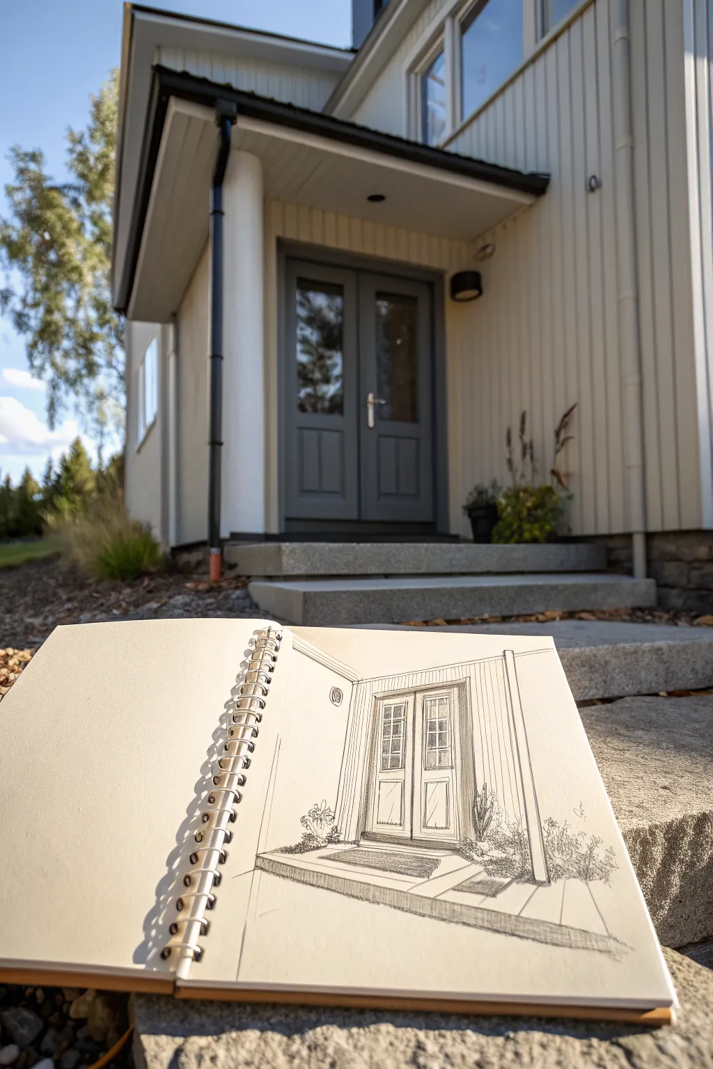 Sketch a modern recessed entry with crisp shadows and a slim sidelight for instant depth.