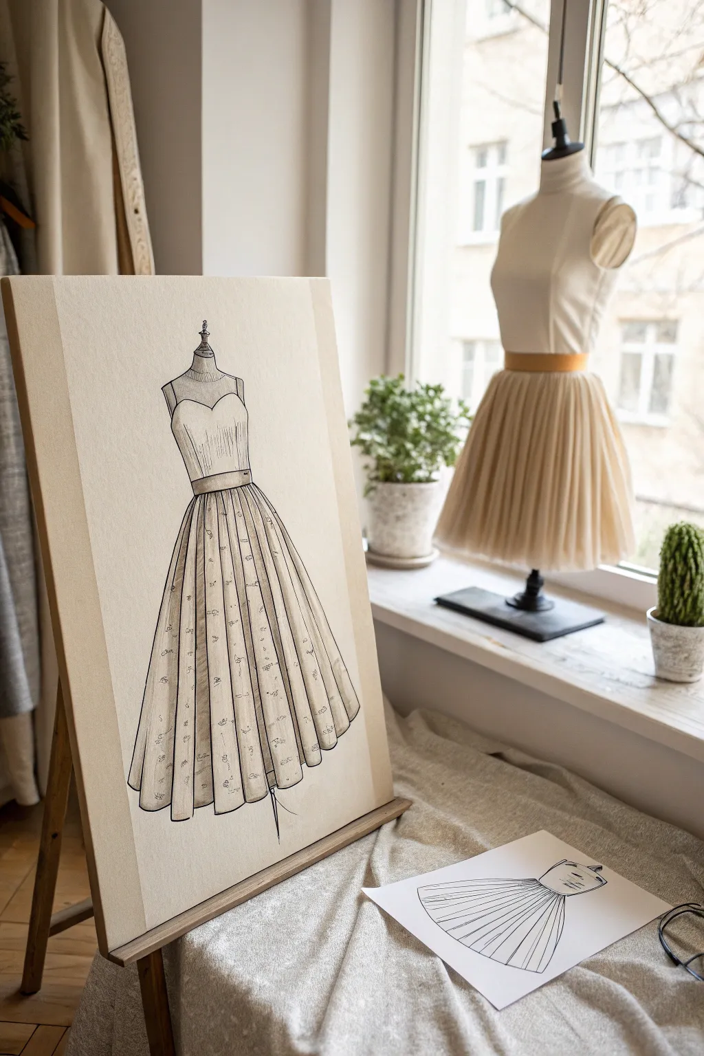 Crisp pleat rhythm in a minimalist skirt sketch, alternating shadows for depth and flow.