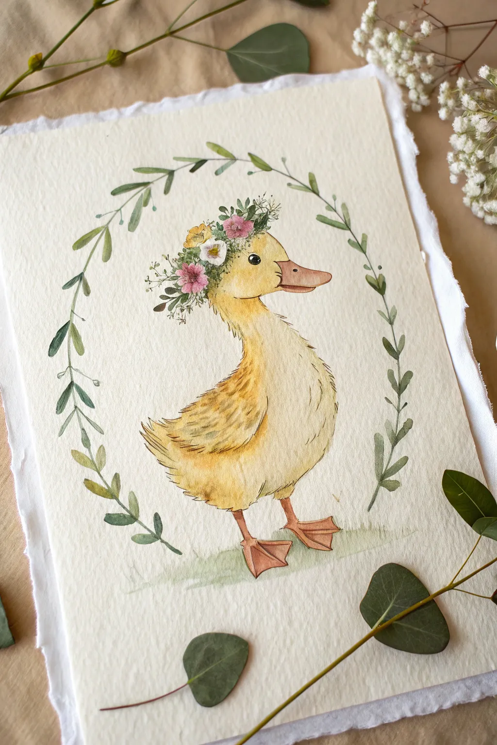 Sweet front-facing duck with a wildflower crown, a cozy storybook painting idea to try