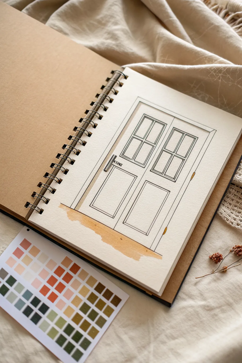 Dutch door window flap reveals a colorful mood tracker beneath in a calm minimalist boho style