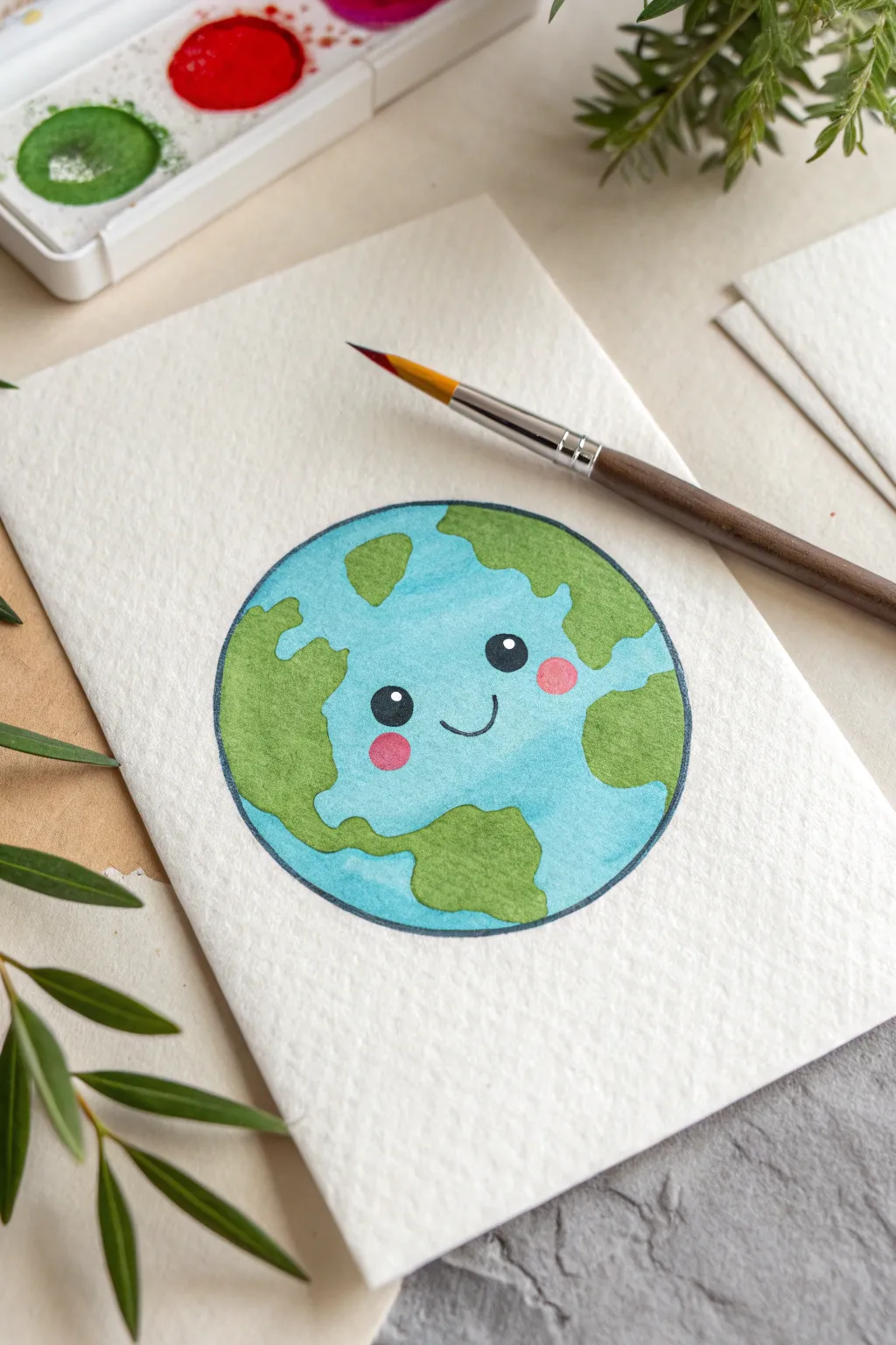 Cute smiling Earth character painting idea with simple shapes, bright colors, and rosy cheeks