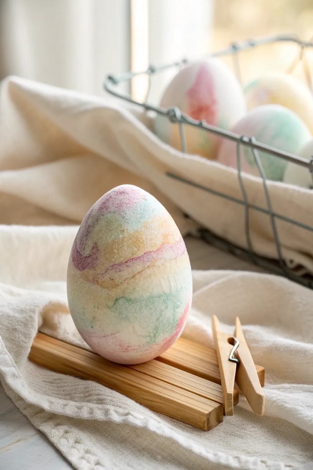 Soft watercolor coffee filter egg glowing in sunlight, simple toddler-friendly Easter art.
