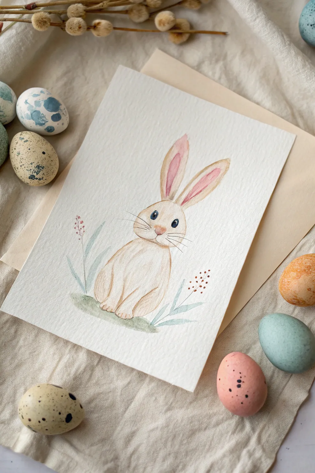 Finger-painted Easter bunny with playful dabs and stamped eggs in a soft minimalist boho palette