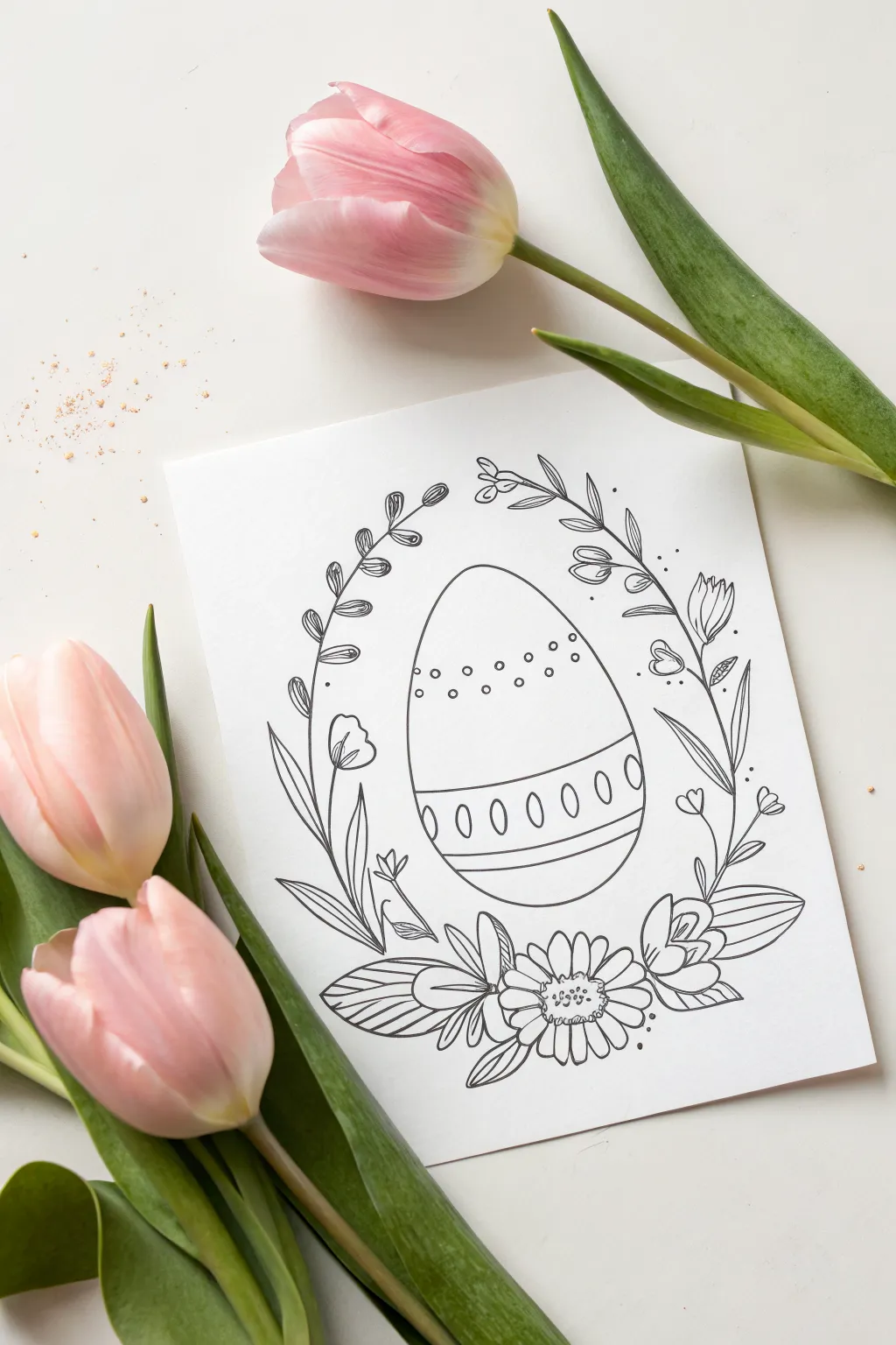 Easy Easter sketch: a speckled egg framed by simple tulips in soft Scandinavian pastels