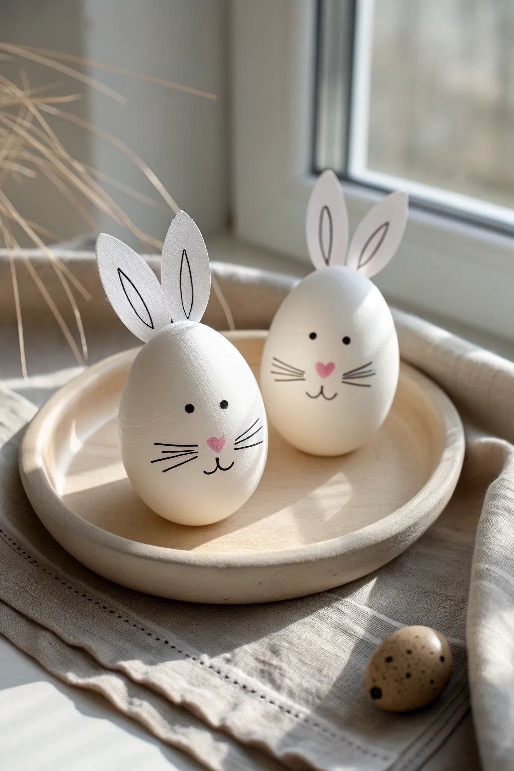 Minimal bunny face Easter eggs in soft boho neutrals, a simple and charming spring drawing idea