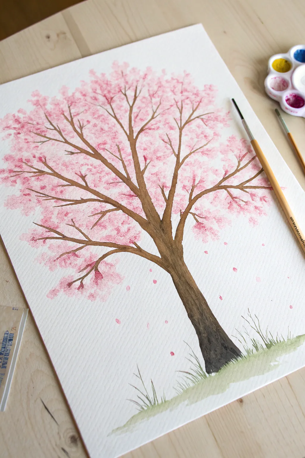 Simple cherry blossom tree: dab pink and white acrylic blossoms for a satisfying kids painting