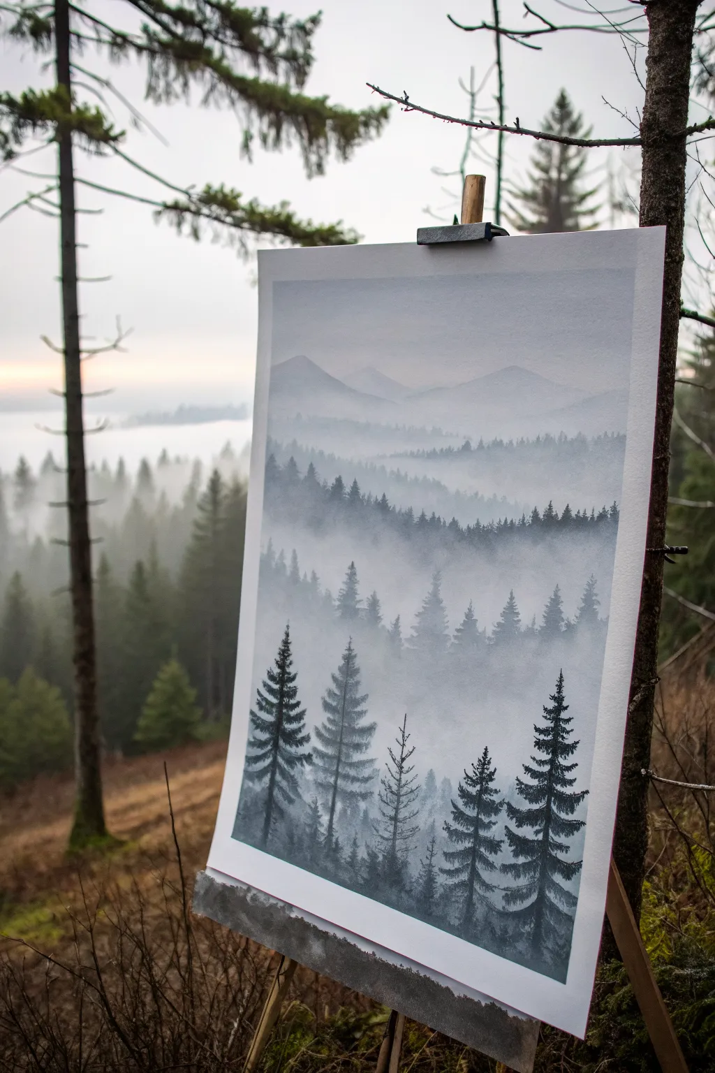 Misty forest layers with soft airbrush fog blending, minimal shapes, and calming Scandinavian tones