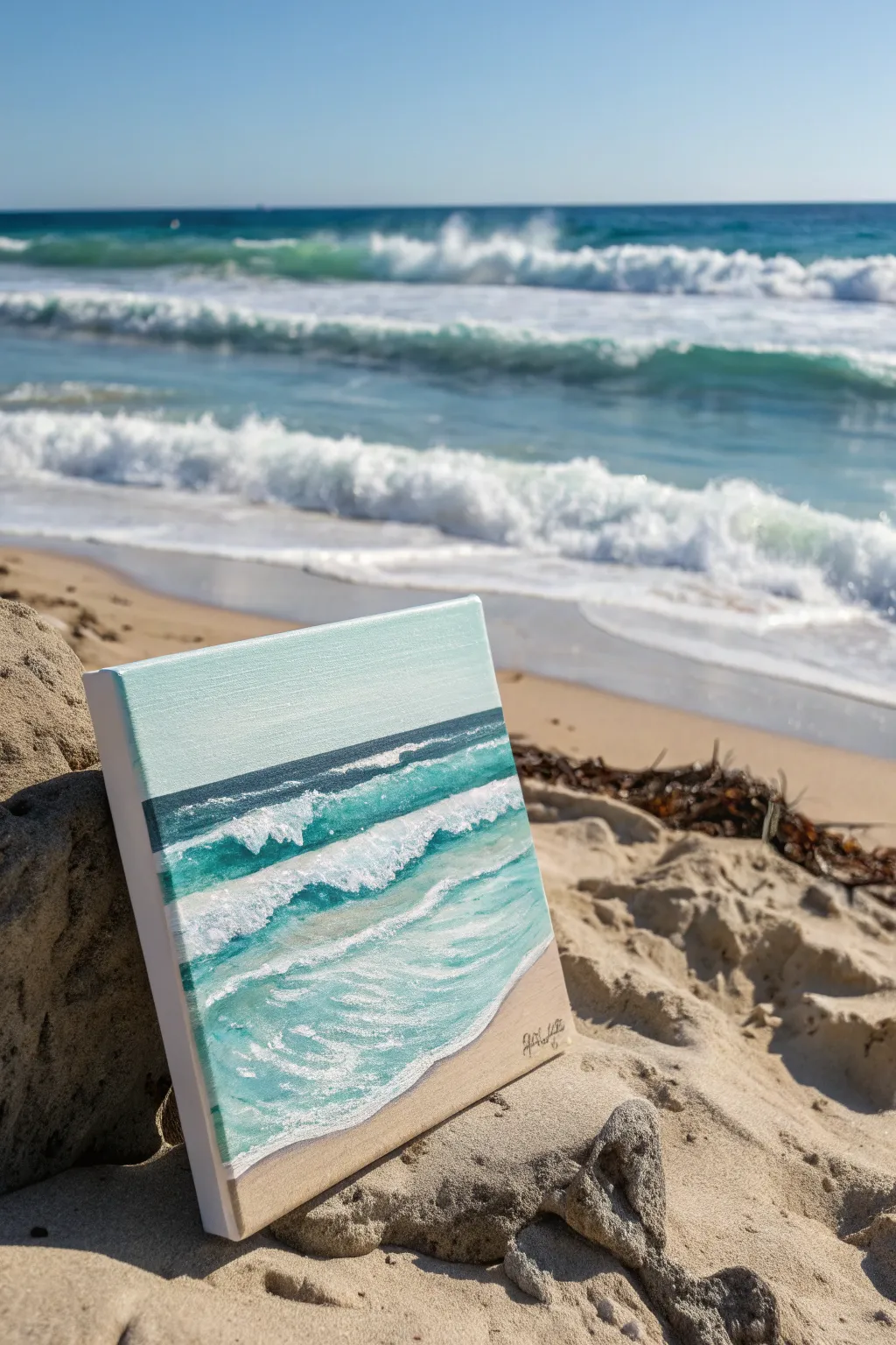 Simple scalloped foam lines create calming rolling waves in this minimalist beginner beach painting.