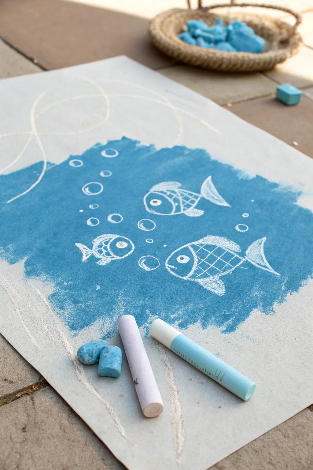 Simple underwater chalk puddle with fish and bubbles, soft smudged edges and clean contrast