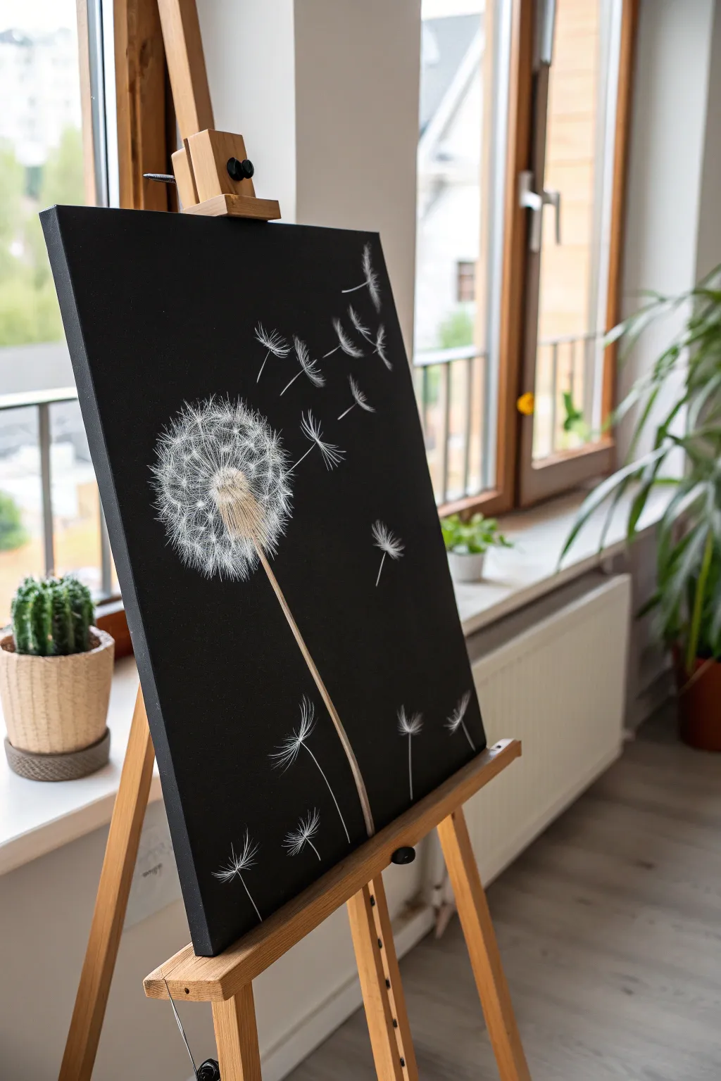 Simple black canvas art: a white dandelion puff with airy floating seeds in crisp contrast