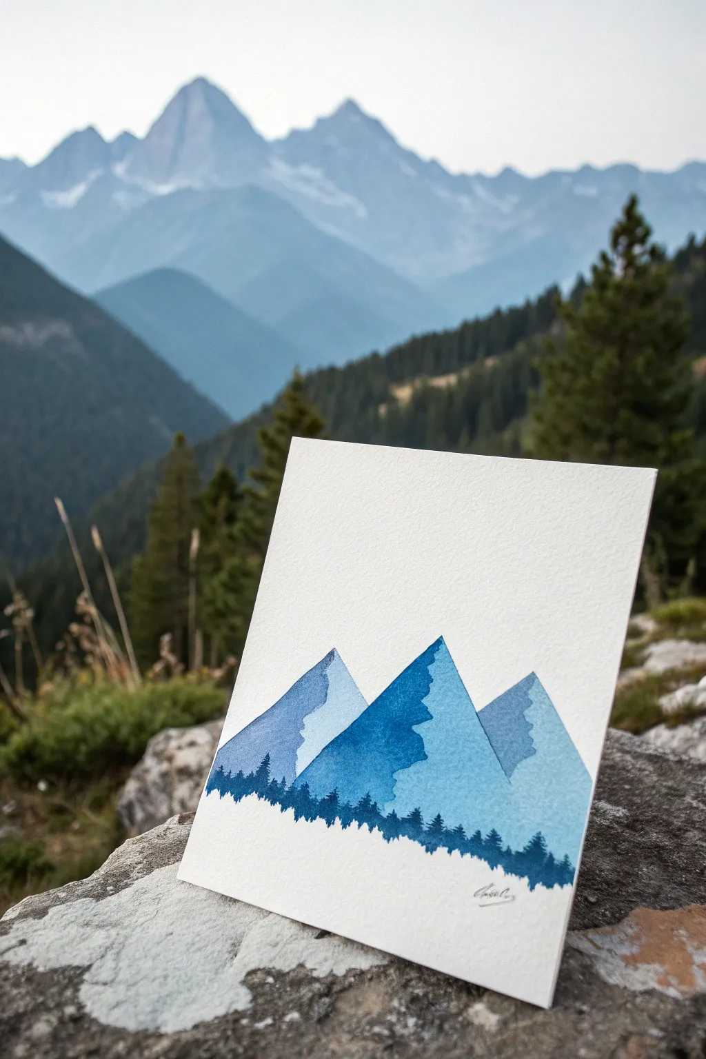 Easy blue mountains in three values: a calm, minimalist landscape idea with clean layered shapes.