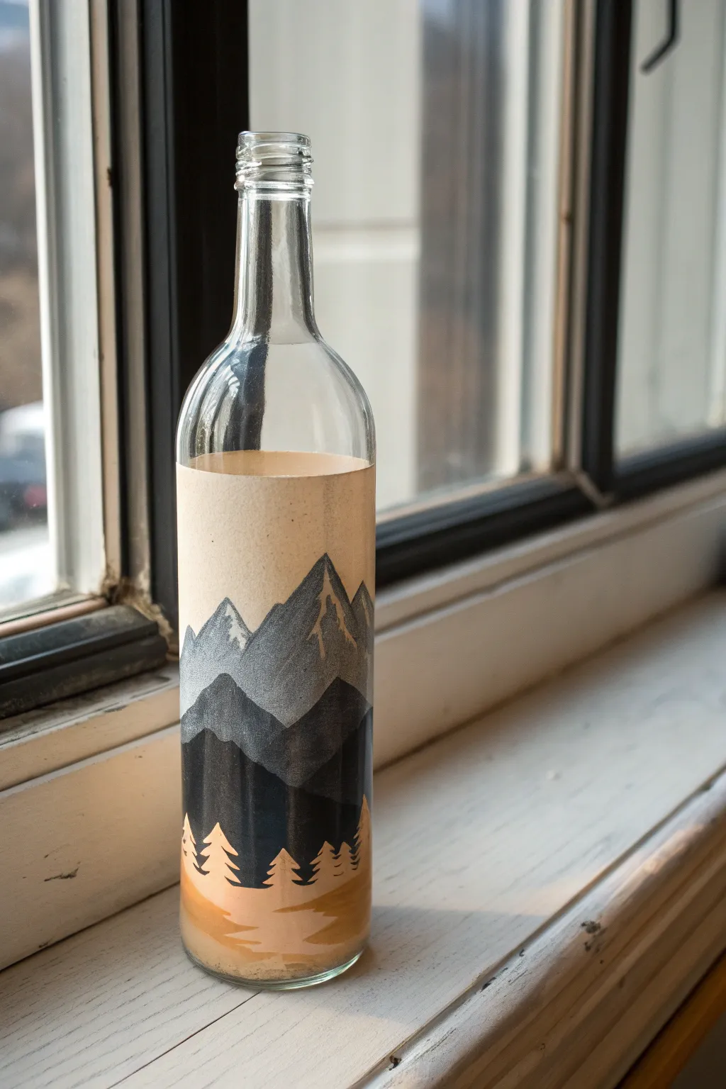 Minimal two-tone bottle with a crisp mountain silhouette wrap, softly lit for a calm Nordic feel
