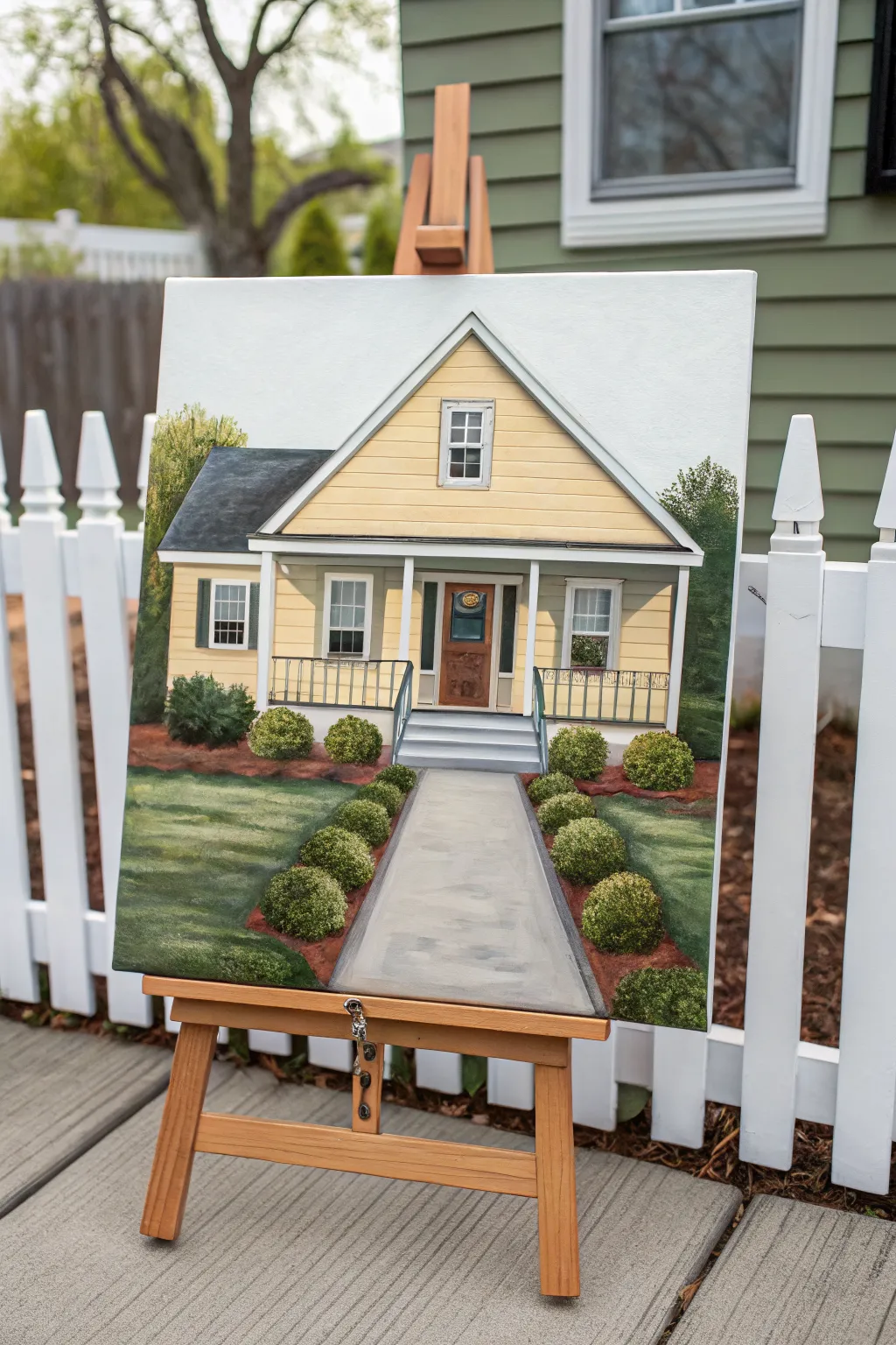 Simple house-yard canvas painting with picket fence and shrubs in soft Scandinavian boho tones