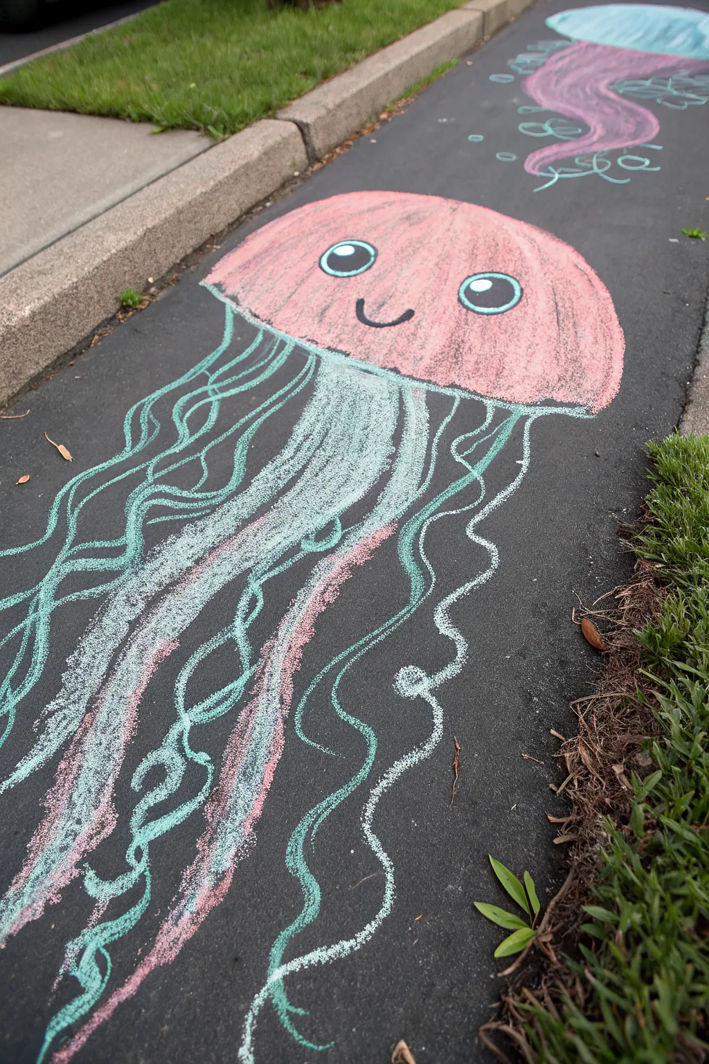 Curly tentacle jellyfish chalk art with a sweet face and soft two-color blend for easy practice