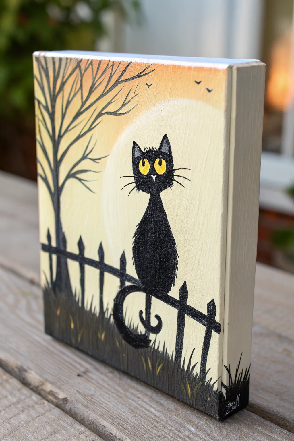 Easy creepy acrylic idea: black cat silhouette with glowing yellow-green eyes on a minimalist canvas