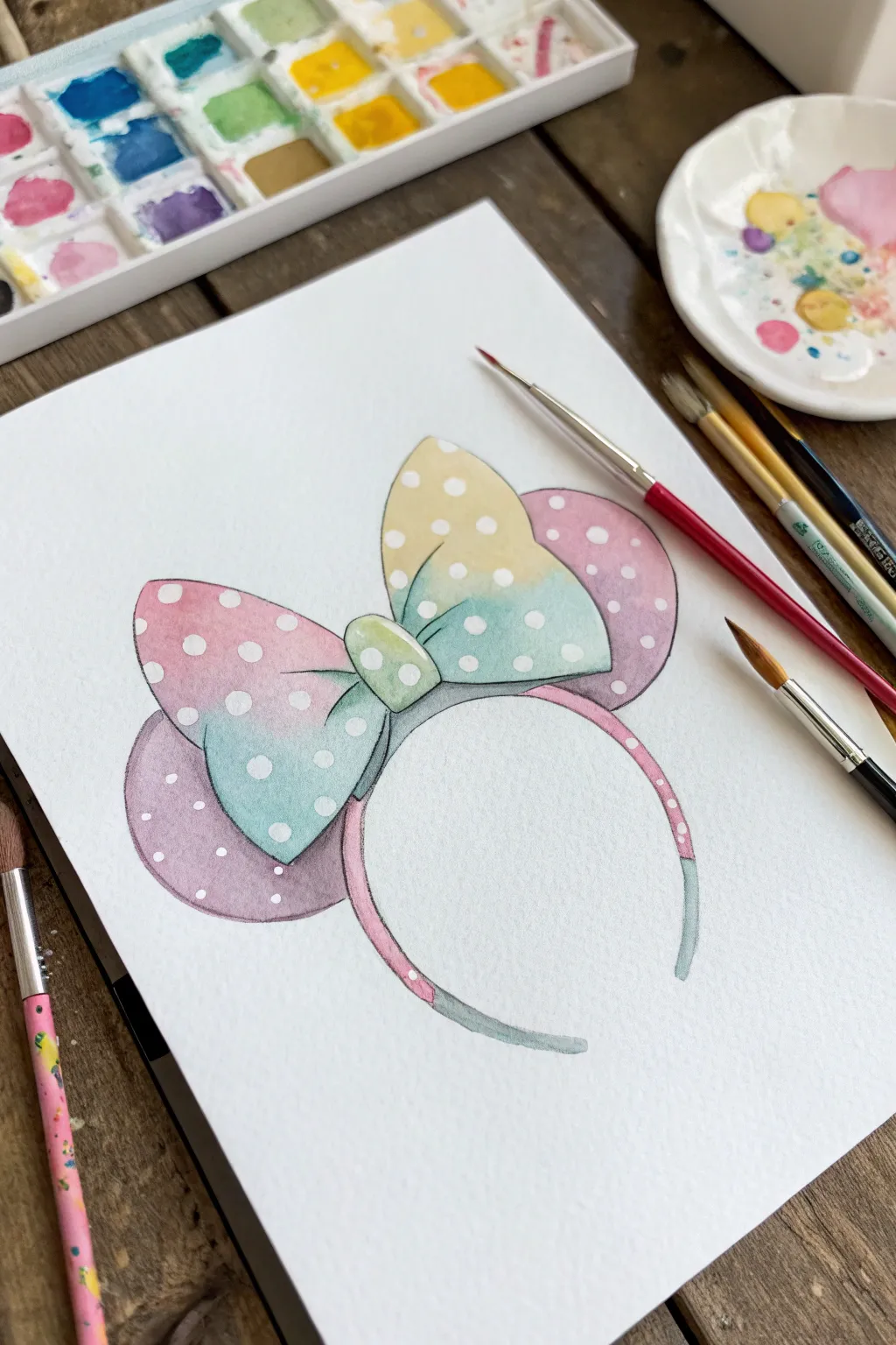 Candy-color polka-dot mouse ears with a big bow, clean minimal backdrop and crisp contrast