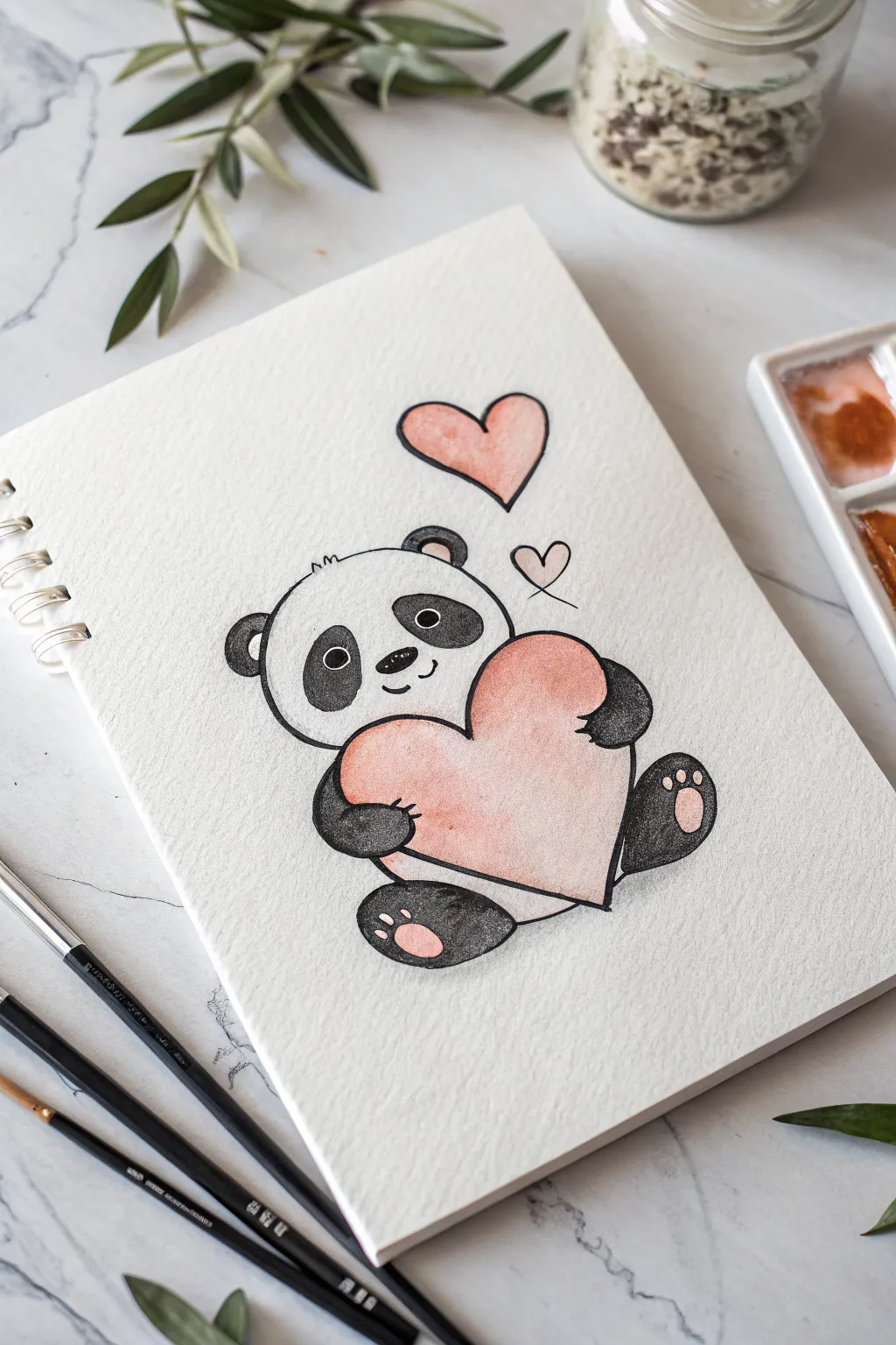 Easy chibi panda hugging a big heart, clean line art with soft blush watercolor accents.