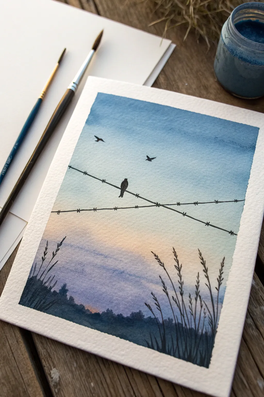Moody dusk gradient with crisp bird silhouettes on a wire, a simple dark painting idea to copy.