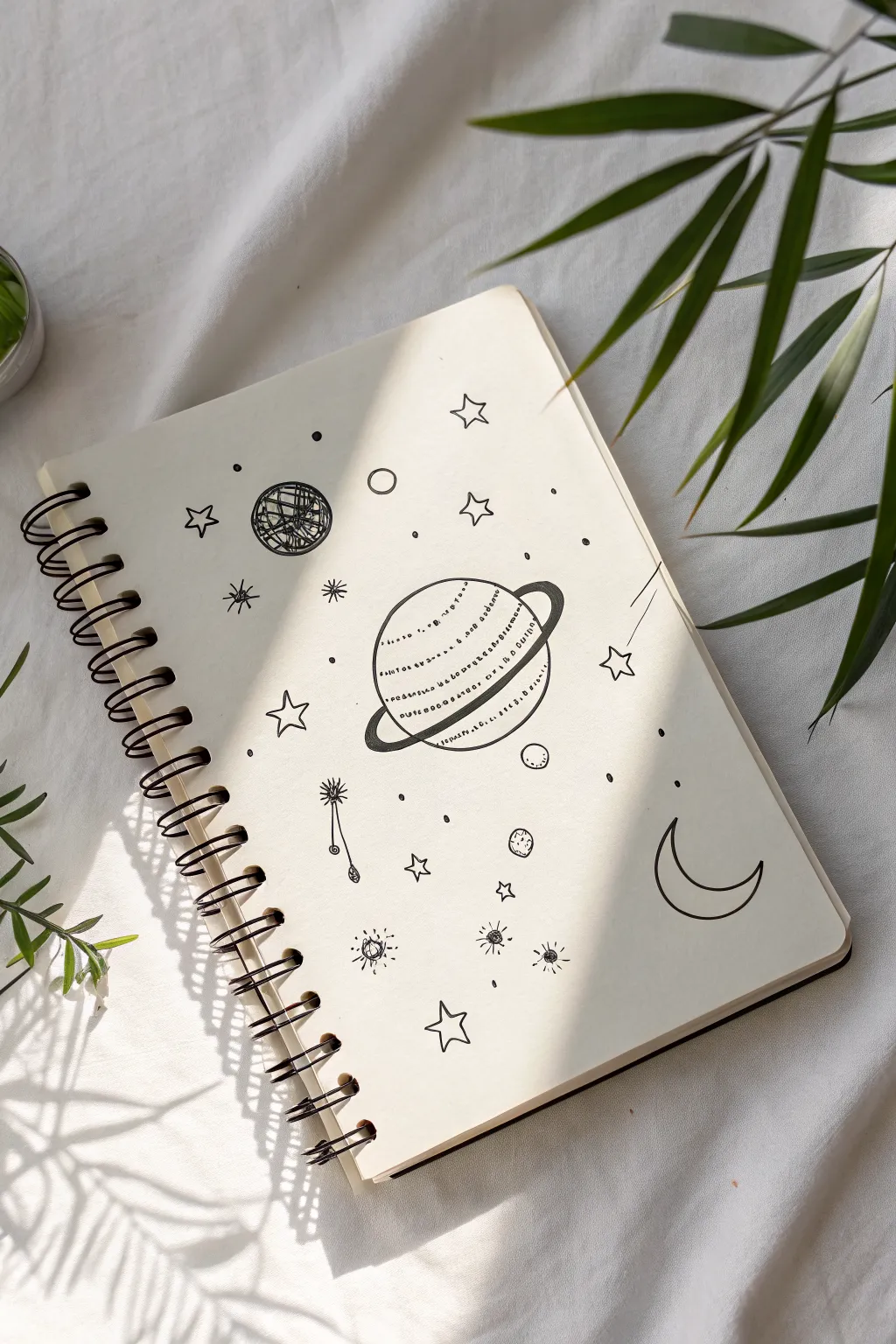 Simple planet and ring doodles in black ink on a clean white page, minimal and cozy