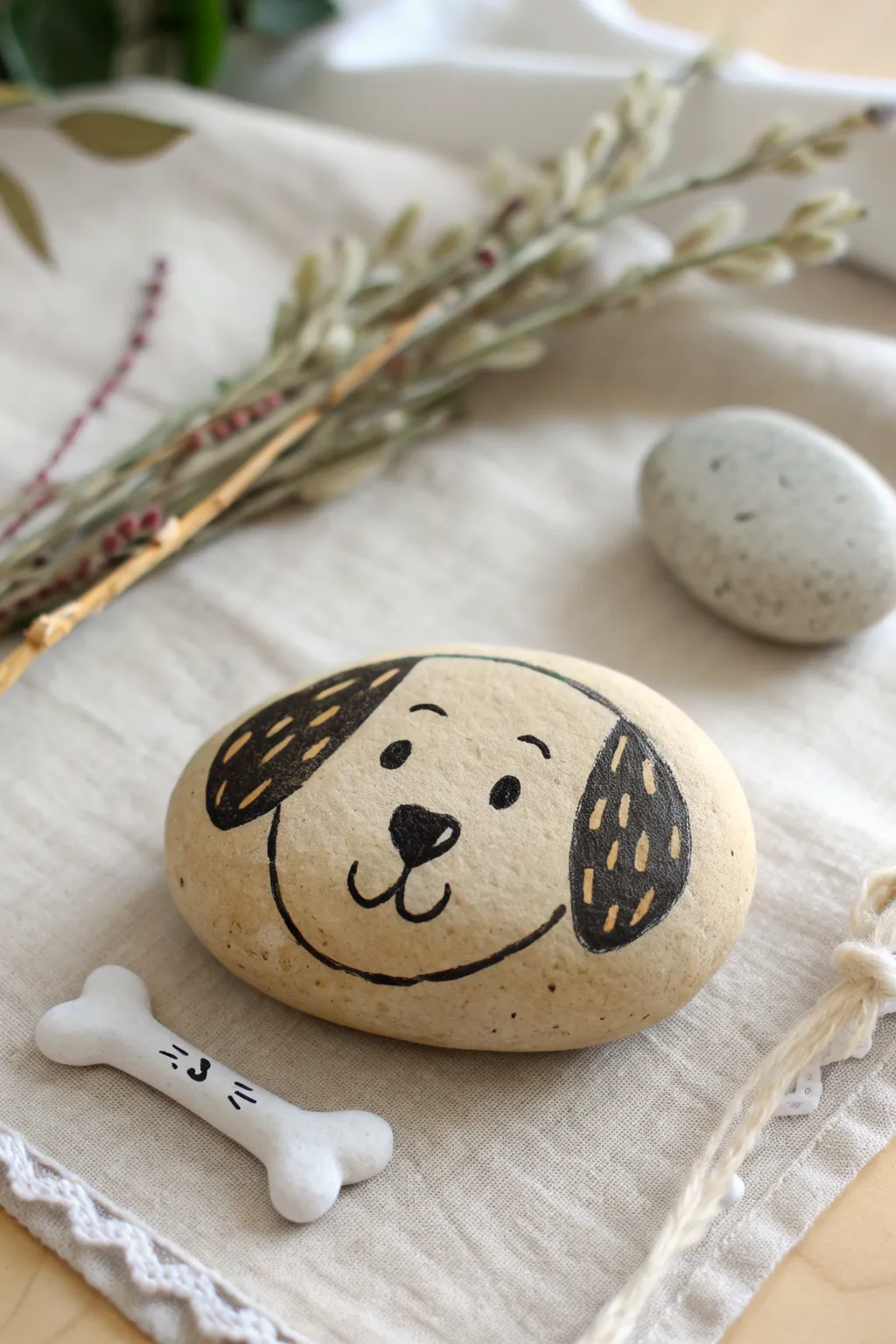 Easy dog face rock painting with a tiny bone detail, simple shapes and clean minimalist lines