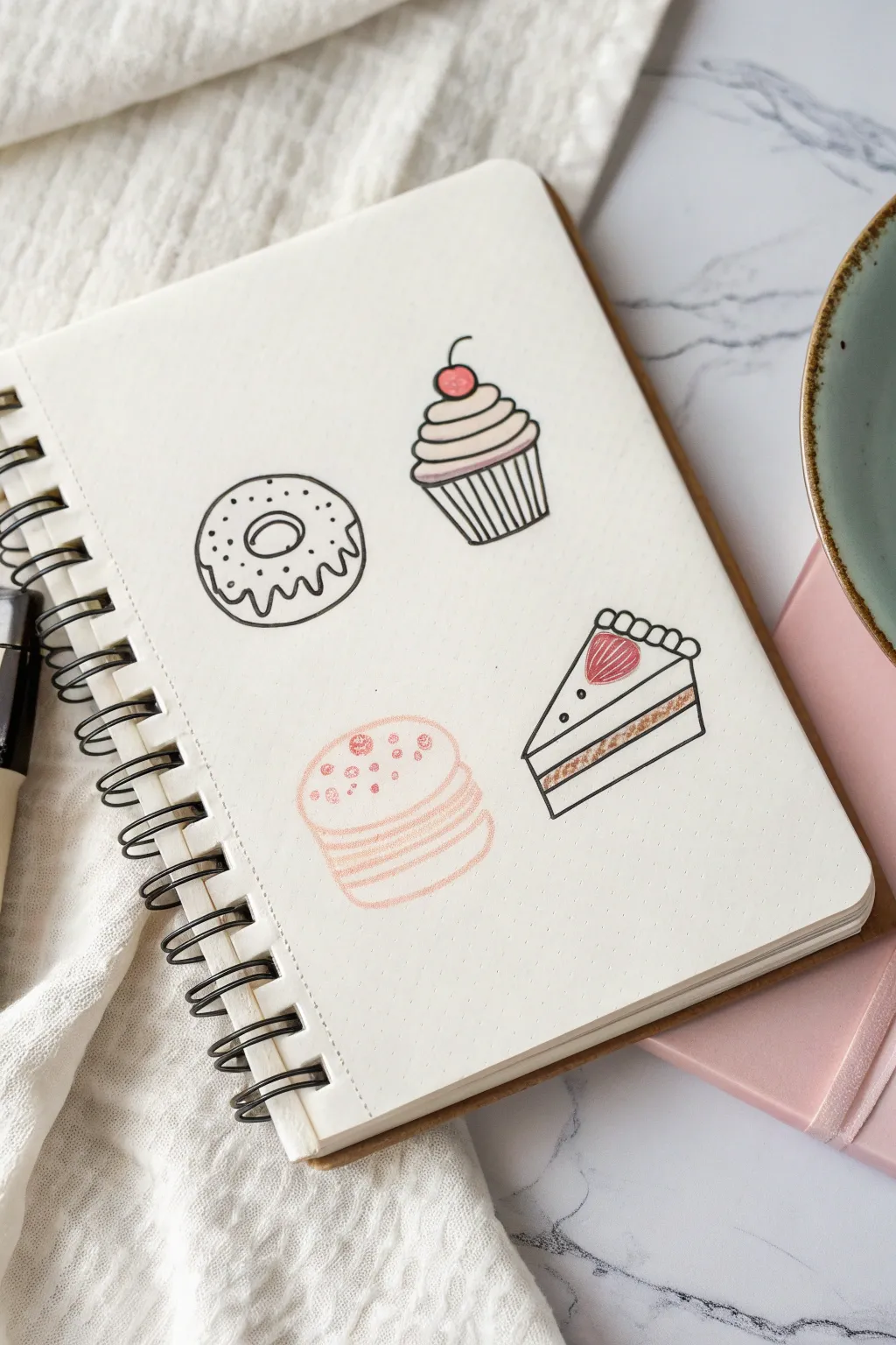 Sweet treat icon doodles in simple shapes: donut, cupcake, and cake with easy frosting details