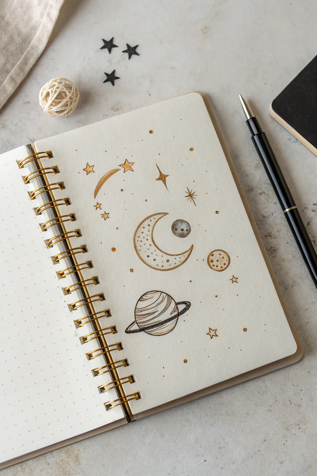 Dreamy moon and mini planet doodles tucked in a notebook corner, simple and calming