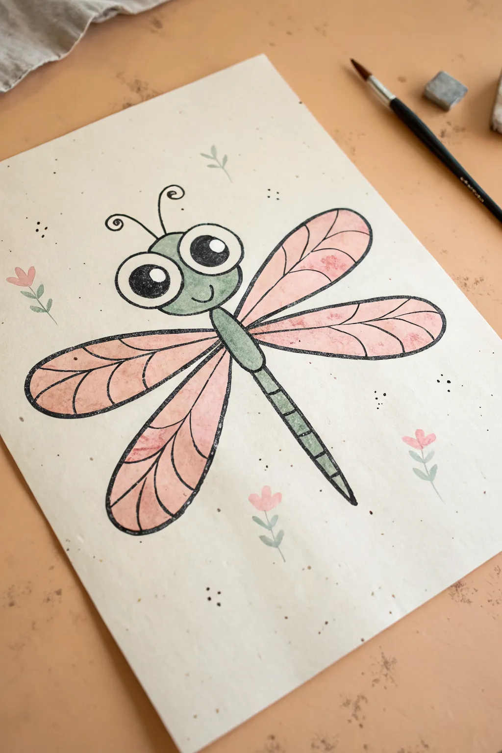 Cute bold-outline cartoon dragonfly with simple wings on a clean minimalist background