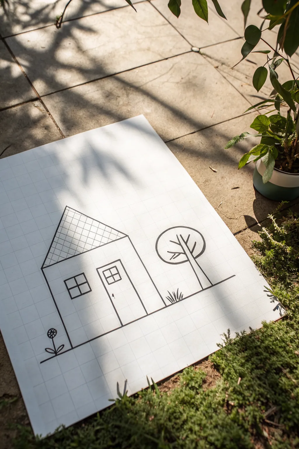 Tiny house and lollipop tree outline, a sweet minimalist doodle with cozy Scandinavian charm