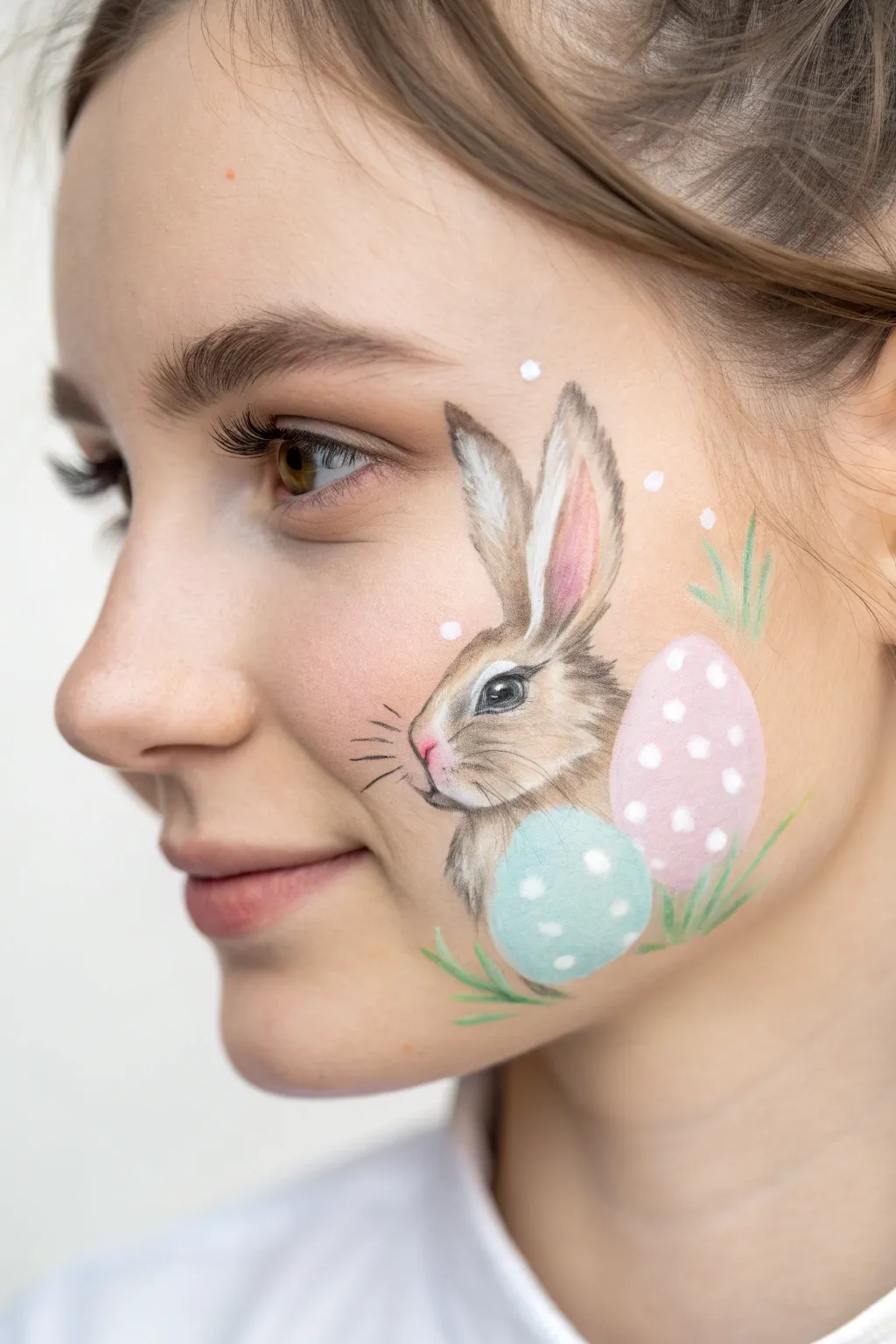Minimalist Easter cheek paint: tiny bunny face paired with a soft pastel egg, clean and boho-sweet.